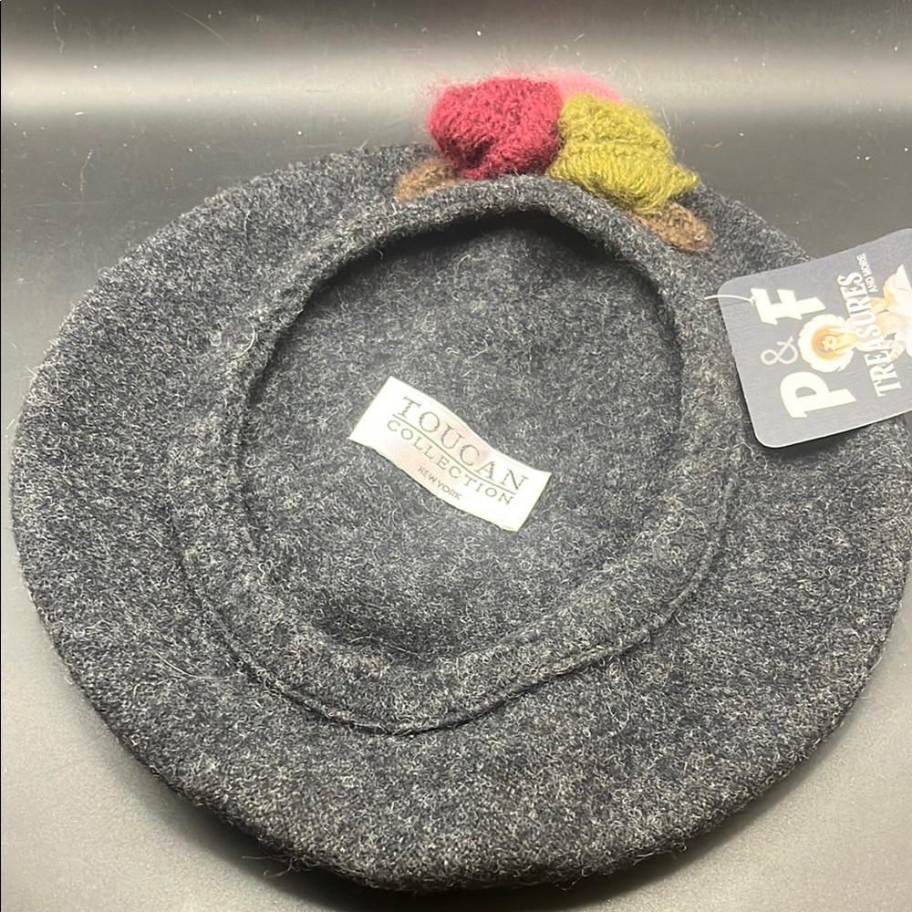 Toucan Collection Gray Wool Beret With Colorful Pom